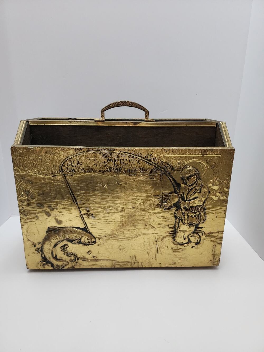 Antique Embossed Brass Fireplace Coal Box Magazine Bin Fly Fishing Vintage